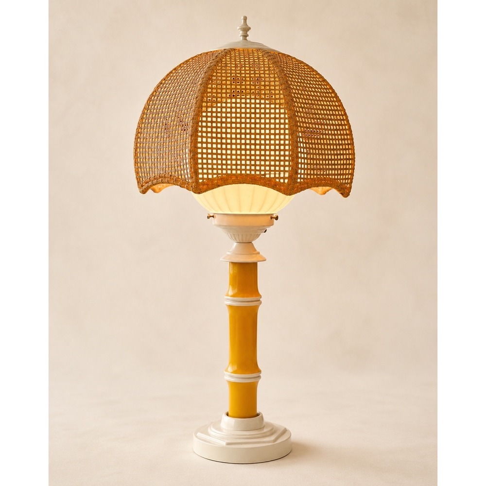 Vintage 1970s Honi Chilo Yellow Faux Bamboo Table Lamp with Wicker Shade